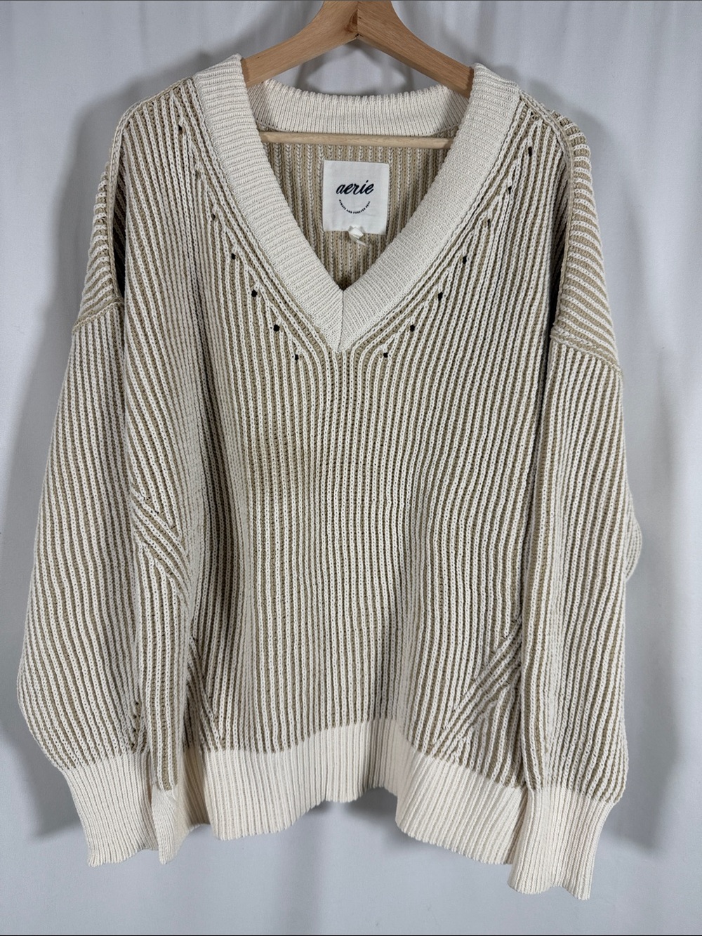 aerie Cream and Tan Striped V-Neck Knit Sweater